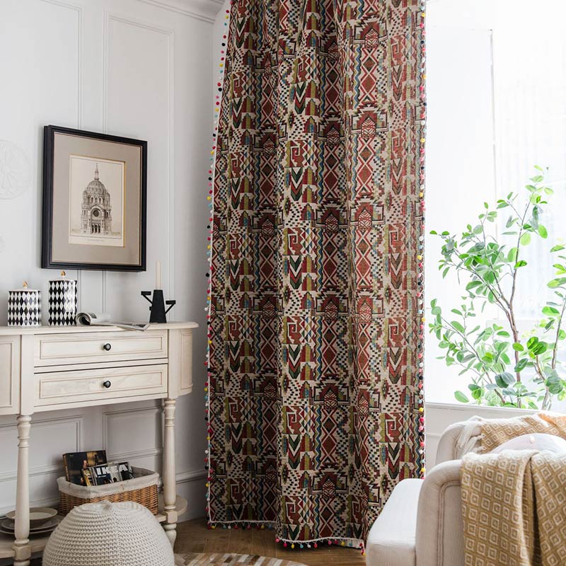 Pom-pom Colorful Pattern Cotton Linen Curtain