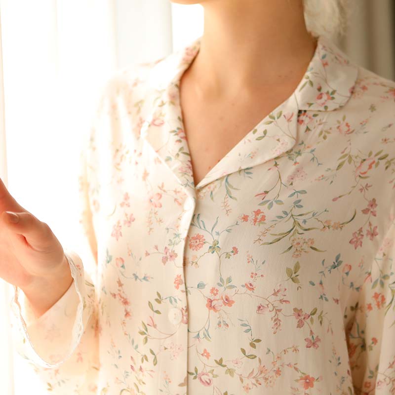 Ownkoti Floral Satin V-Neck Long Sleeve Loungewear