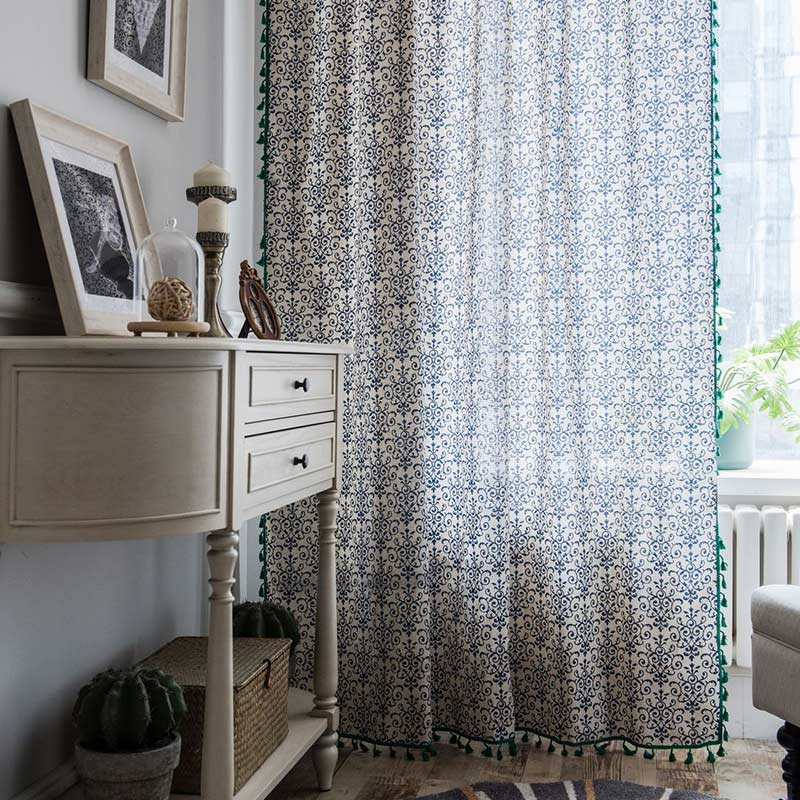 Blue Pattern Green Tassel Cotton Linen Curtain