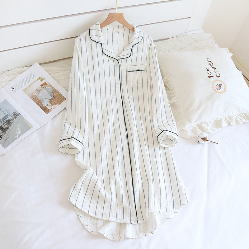 Solid Color Striped Lapel Nightdress