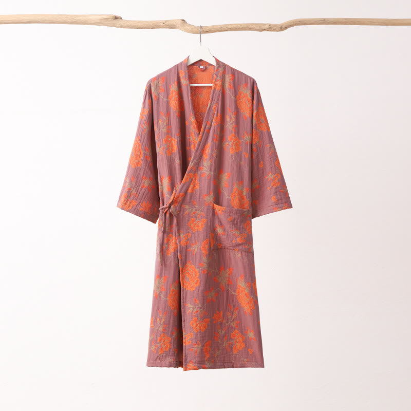 Flower Jacquard Cotton V-Neck Bathrobe Pajama