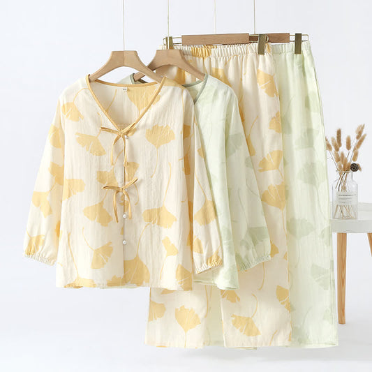 Ginkgo Leaf Bowknot Cotton Loungewear Set