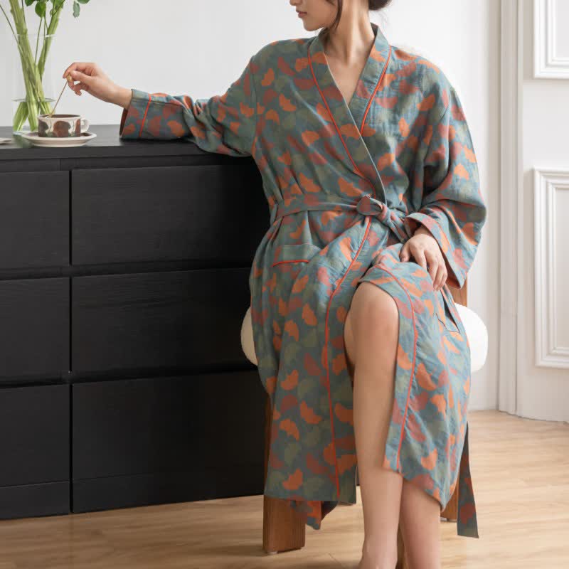 Ginkgo Leaf Cotton Loose Tie Bathrobe