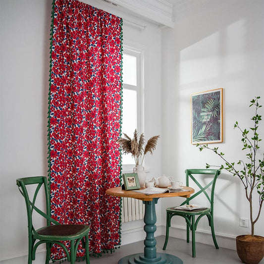 Red Flower Painting Style Light Filtering Curtain