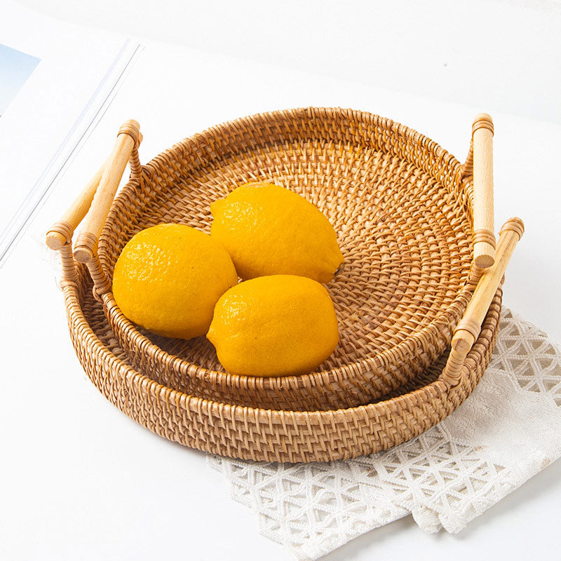 Ownkoti Hand Woven Rattan Round Tray With Handles