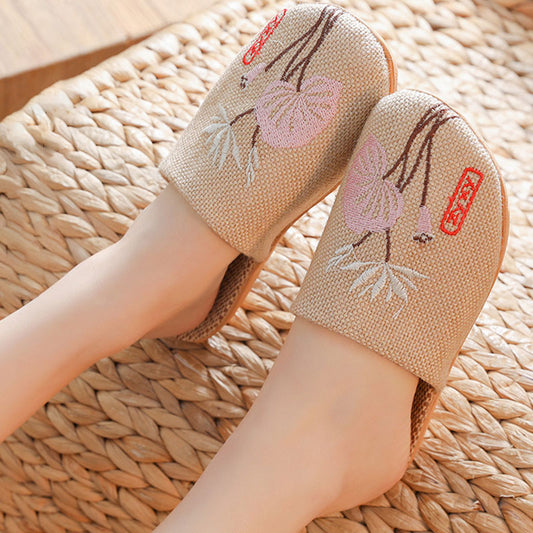 Retro Embroidered Lotus Flax Slippers