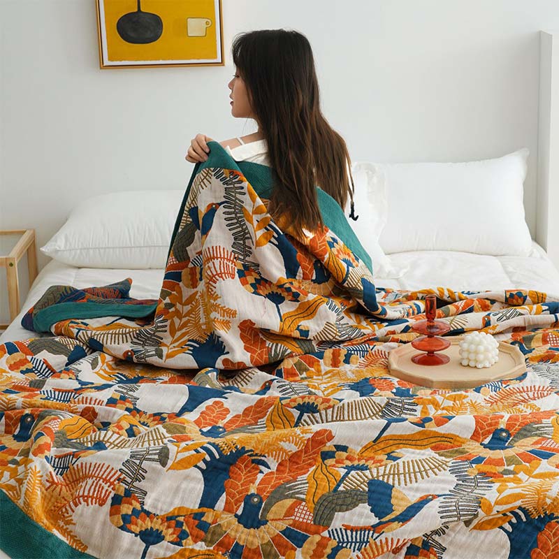 Soft Bird & Flower Cotton Reversible Quilt