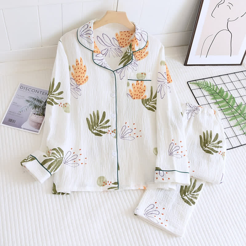 Leaf Print Pure Cotton Long Sleeves Pajama Set