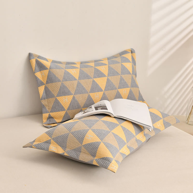 Ownkoti Triangle Pattern Gray & Yellow Cotton Quilt