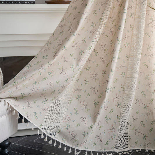 Ownkoti Floral Plaid Splicing Light Filtering Tassel Curtain