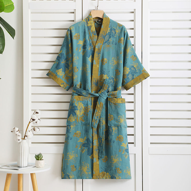 Floral Cotton Gauze Short Sleeve V-neck Robe