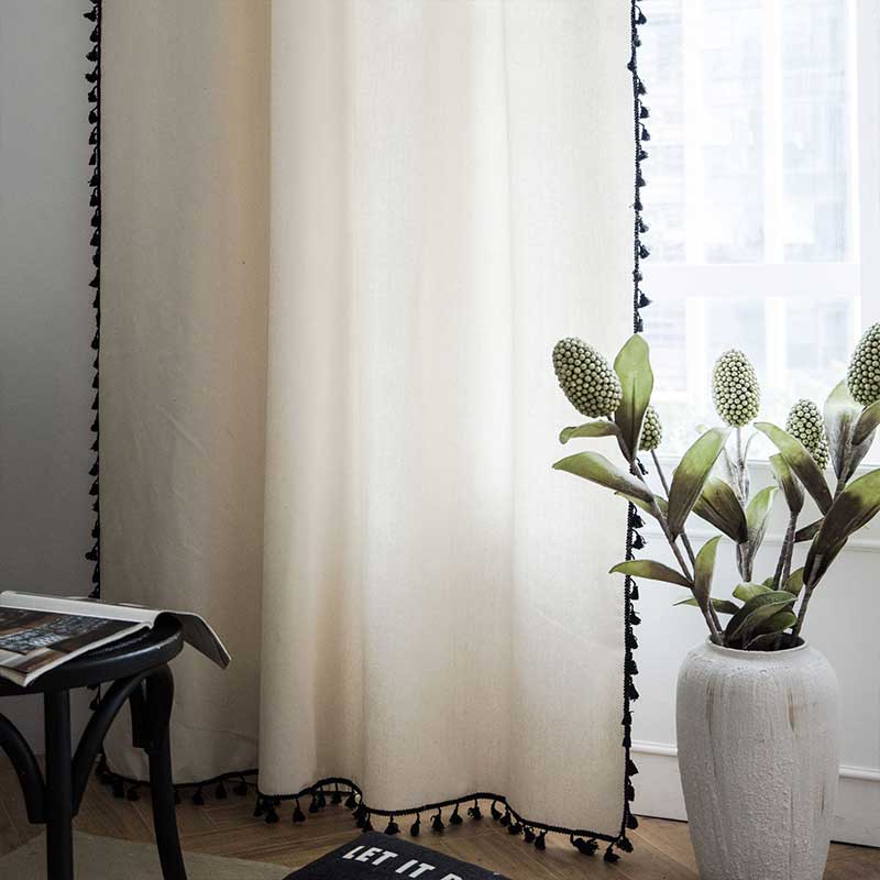 Cotton Linen Beige Curtain with Black Tassel