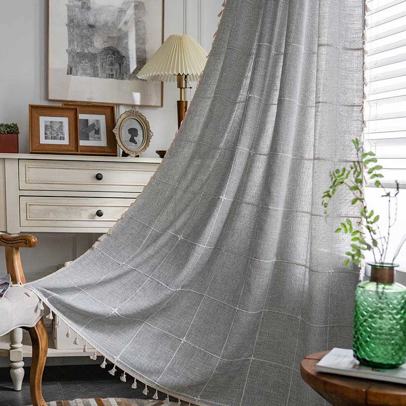 Tassel Plaid Curtain Semi Blackout Drapes