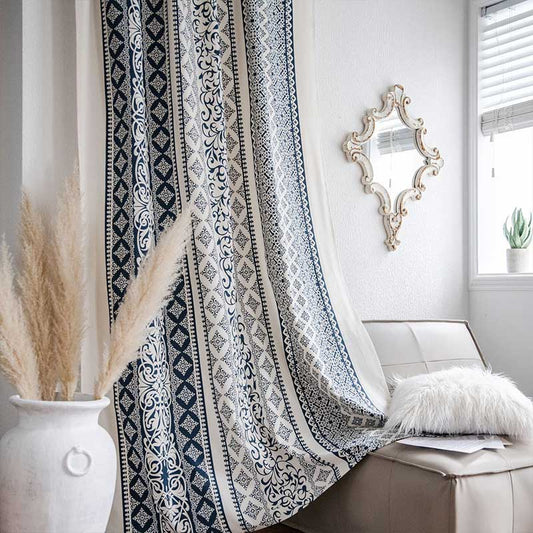 Cotton Linen Blue Pattern Curtain