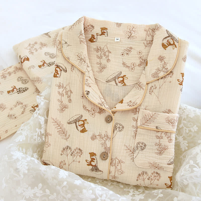 Cute Kangaroo Cotton Lapel Nightwear Set