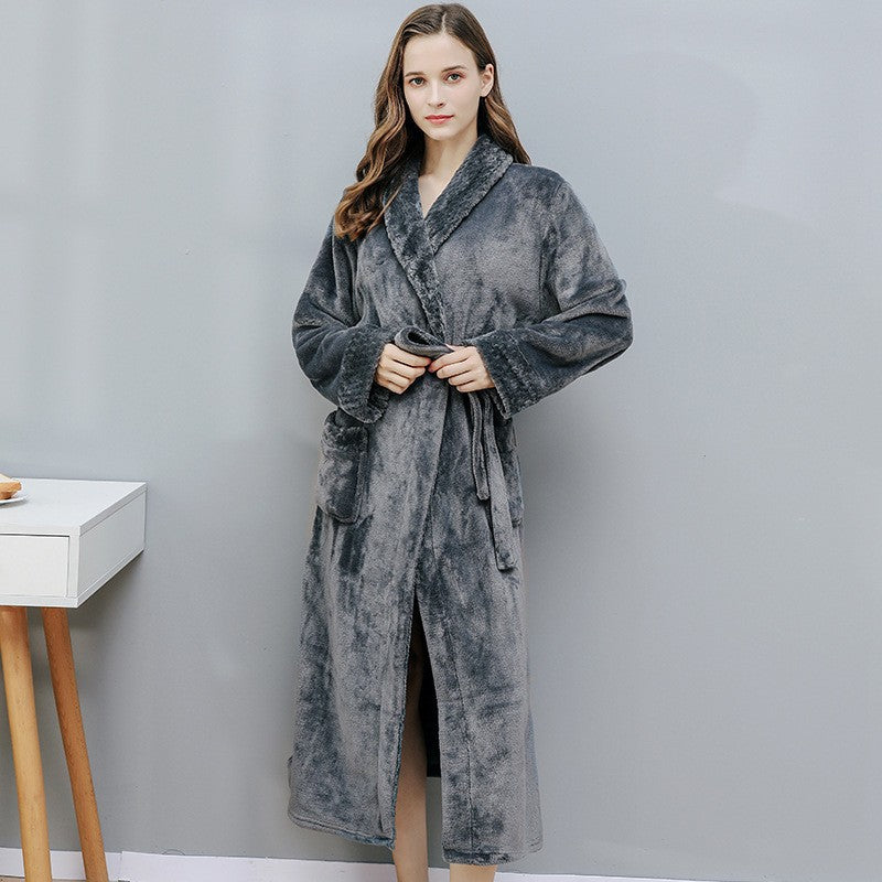 Solid Color Warm Flannel Long Bathrobe