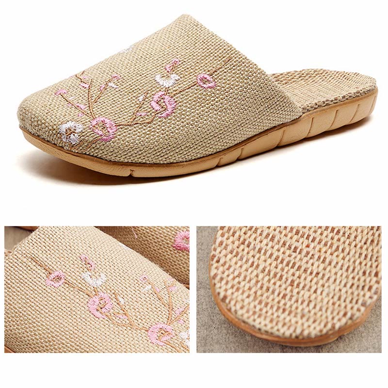 Embroidered Plum Bossom Comfy Flax Slippers