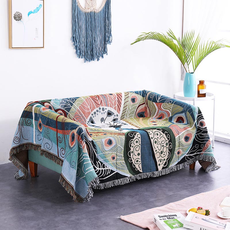 Ownkoti Peacock Print Tassel Reversible Blanket