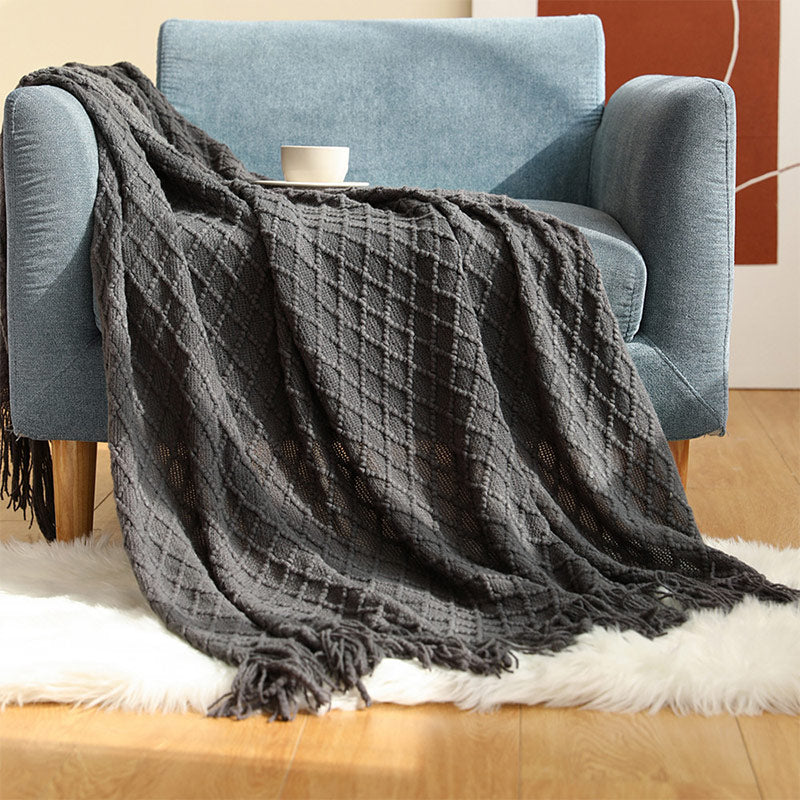 Ownkoti Knitted Prismatic Pattern Blanket with Tassels