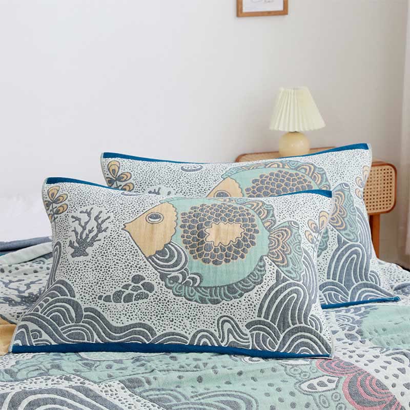 Ownkoti Sea Fish Pattern Cotton Pillow Towel (2PCS)