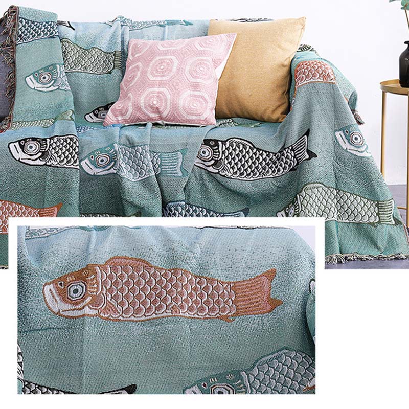 Koi Print Tassel Reversible Blanket