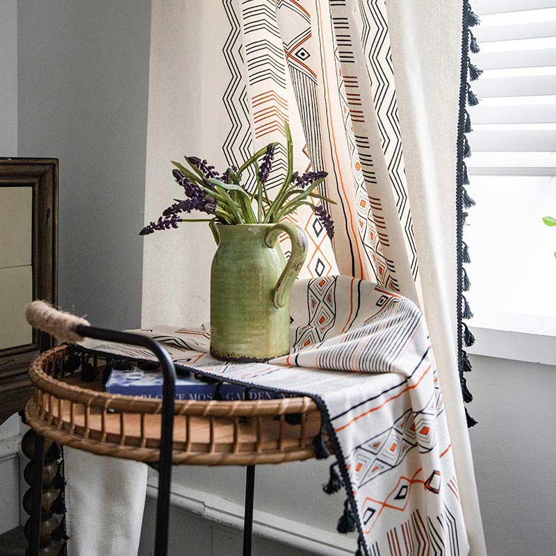 Orange & Black Semi Blackout Tassel Curtain