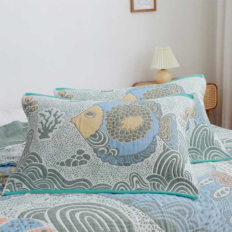 Ownkoti Sea Fish Pattern Cotton Pillow Towel (2PCS)