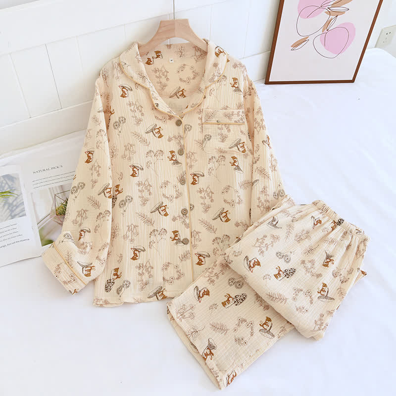 Cute Kangaroo Cotton Lapel Nightwear Set