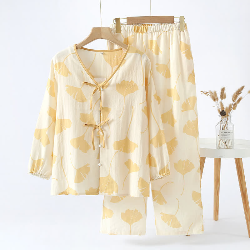 Ginkgo Leaf Bowknot Cotton Loungewear Set