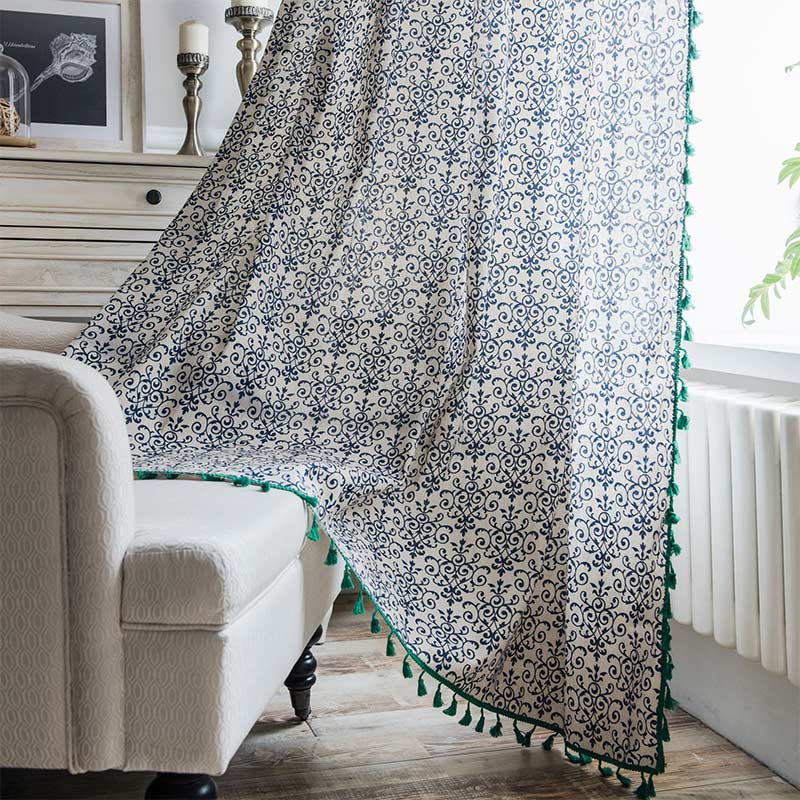 Blue Pattern Green Tassel Cotton Linen Curtain