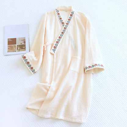 Loose-fit Embroidered Floral Cotton Gauze Bathrobe