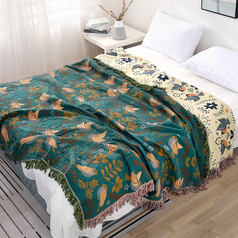 Ownkoti Boho Breathable Flower Bird Reversible Blanket