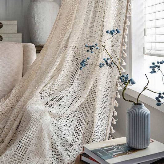 Cotton Beige Curtain Hollow-Out Tassel Drapes