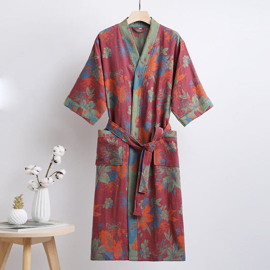 Lily Flower Cotton Gauze V-neck Bathrobe