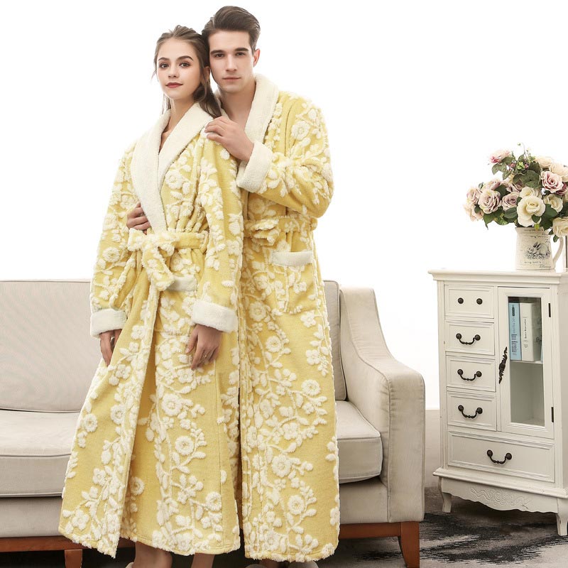 Ownkoti Flower Jacquard Fleece Pajama Long Bathrobe