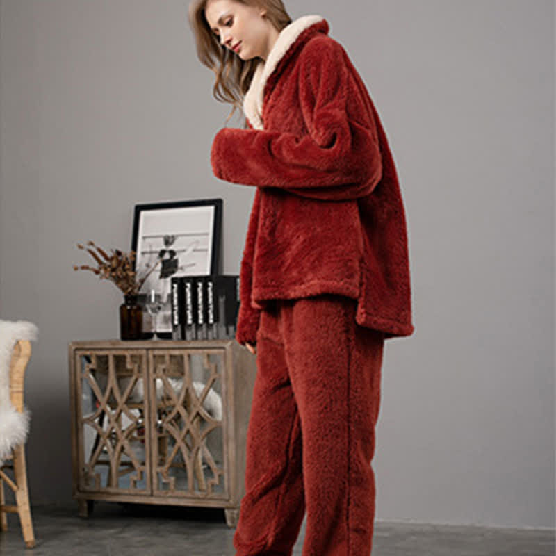 Ownkoti Simple V-Neck Warm Winter Loungewear Set