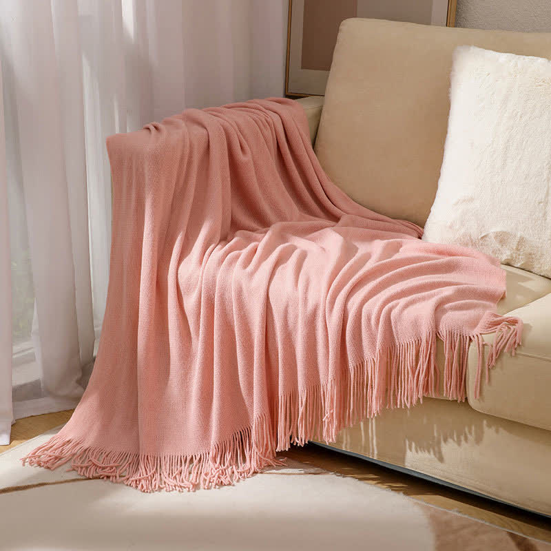 Simple Solid Color Tassel Throw Blanket