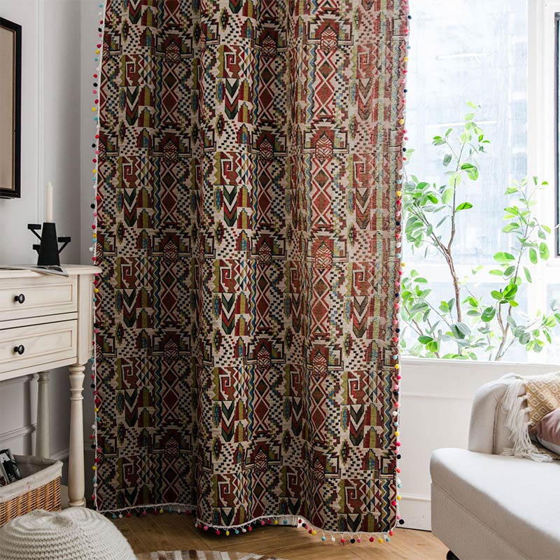 Pom-pom Colorful Pattern Cotton Linen Curtain