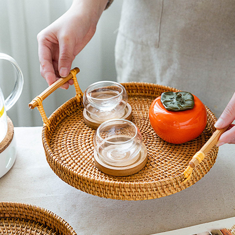 Ownkoti Hand Woven Rattan Round Tray With Handles