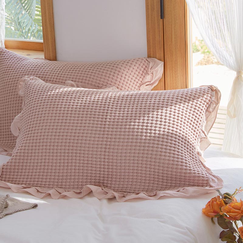 Waffle Weave Cotton Pillowcases with Ruffle (2PCS)