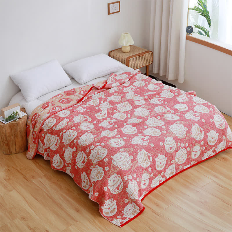 Cat Breathable Cotton Gauze Reversible Quilt