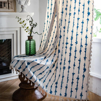 Blue ECG Pattern Cotton Linen Curtain