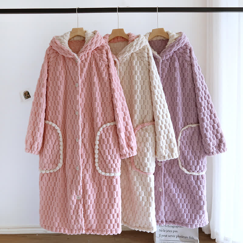 Solid Color Warm Flannel Hooded Bathrobe