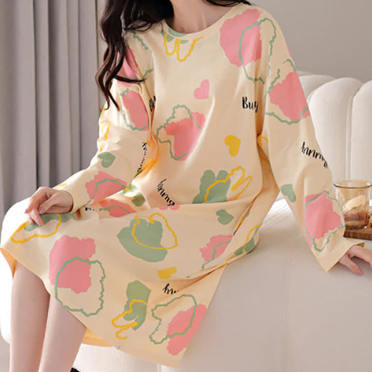 Cartoon Ropund-neck  Cotton Long Nightgown