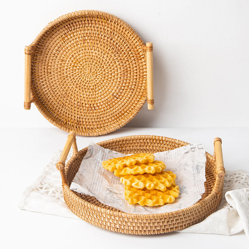 Ownkoti Hand Woven Rattan Round Tray With Handles