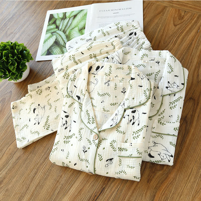 Cute Cat & Leaf Cotton Pajama Set