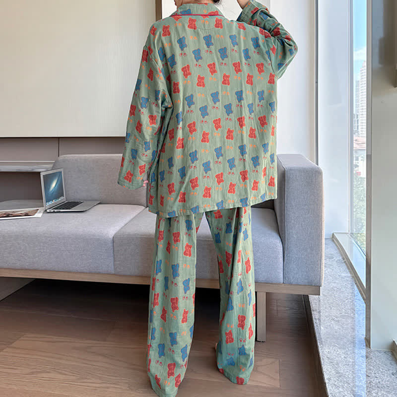 Plus Size Bear Cotton Lapel Loungewear Set