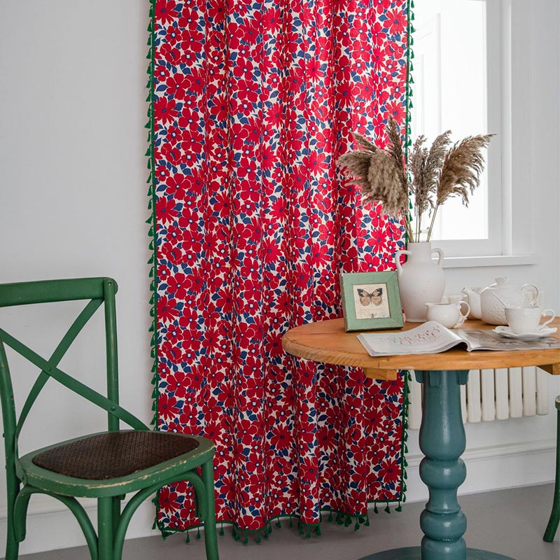 Red Flower Painting Style Light Filtering Curtain