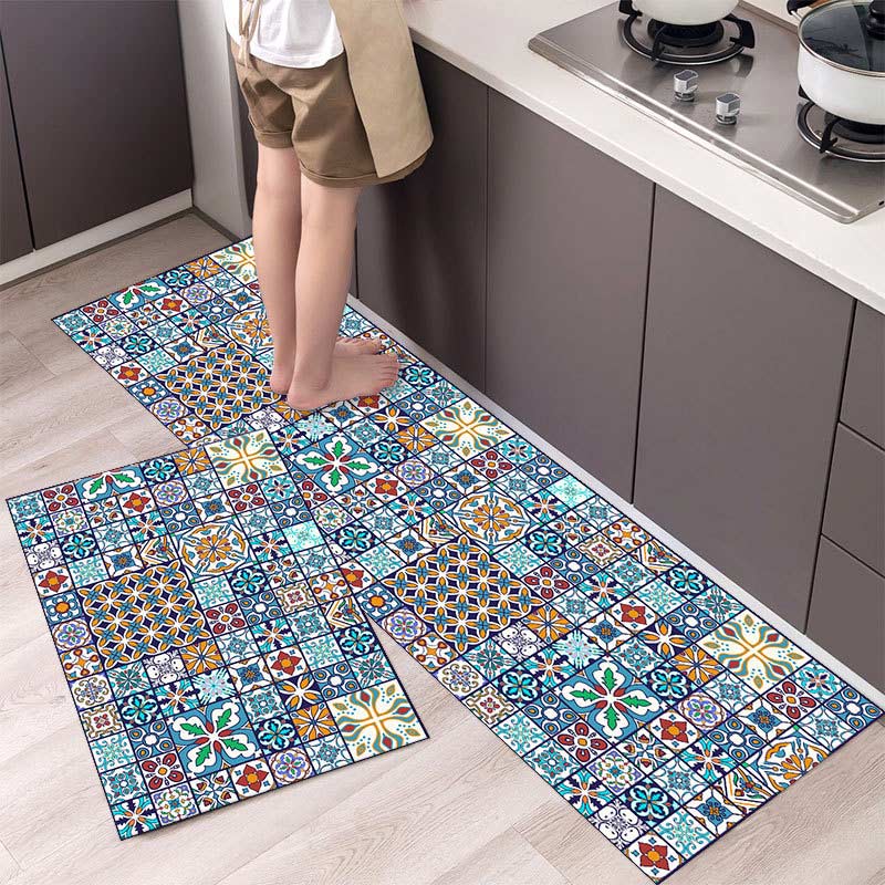 Blue Patchwork Kitchen Rugs Anti-Slip