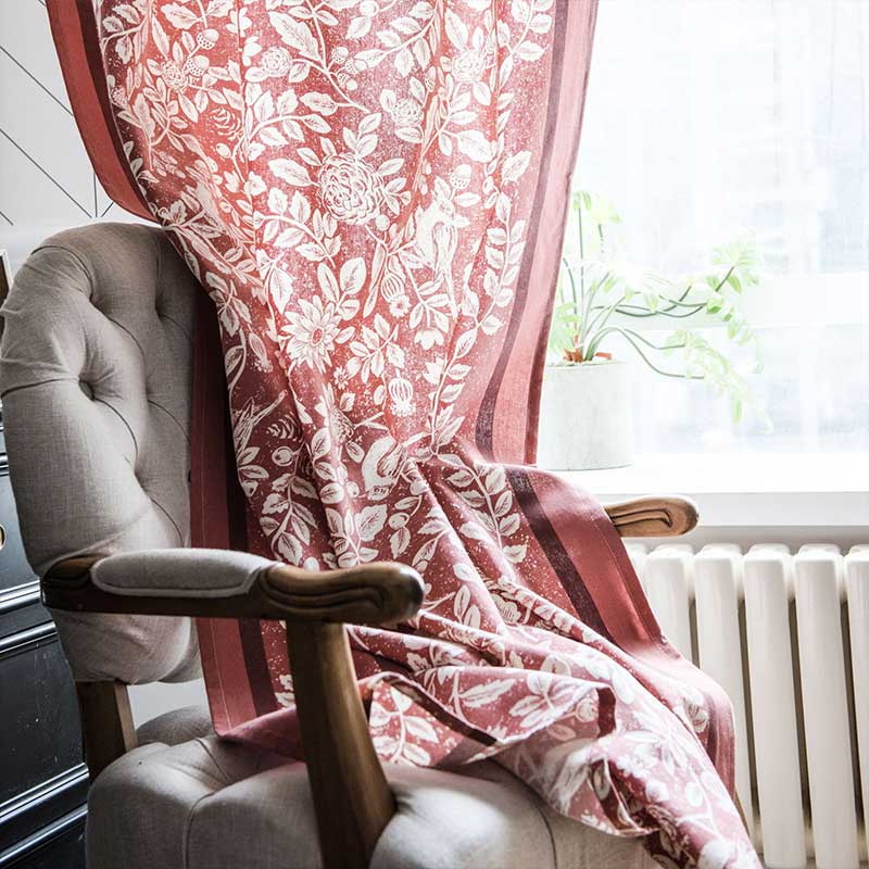 Cotton Linen Flower Red Curtain